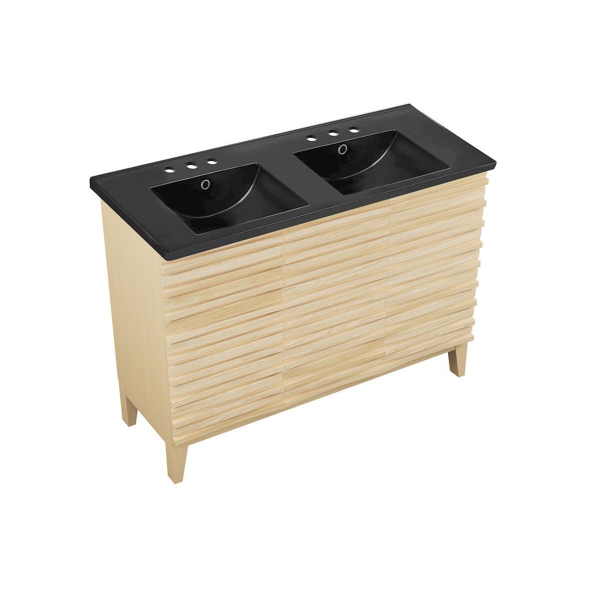 48 in. Natural Oak, Double Basin Bathroom Vanity, Black, 3-Hole Ceramic Sink Top