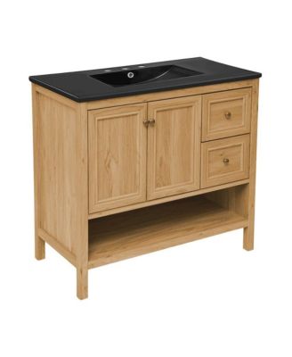 36" Freestanding Bathroom Vanity in Golden Oak, Black 3-Hole Widespread Sink Top