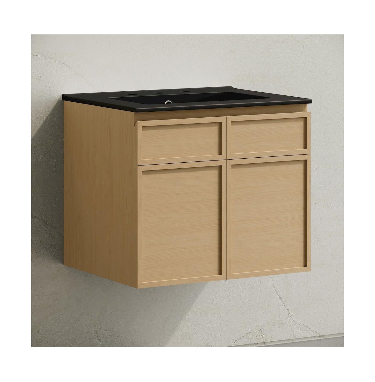 Swiss Madison24" Wall-Mounted Bathroom Vanity in Natural Oak, Black 3-Hole Centerset Sink Top