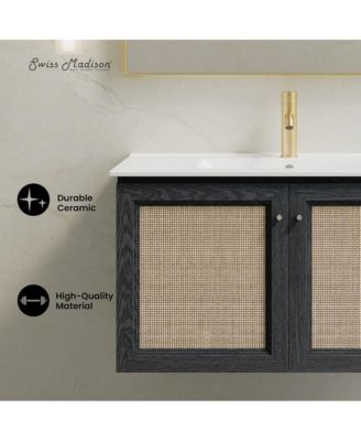 36" Wall-Mounted Bathroom Vanity in Black Oak with Single Faucet Hole Vanity Top