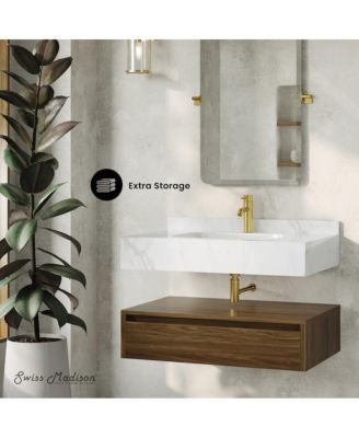 Avancer 36" Wall-Mounted Bathroom Vanity in Brown Oak with White Marble Sink Top