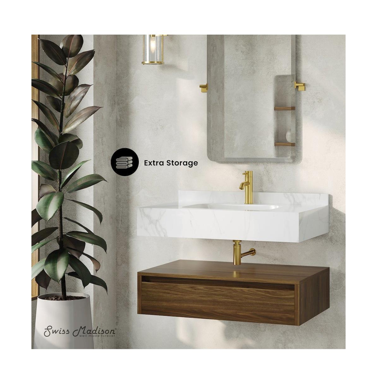 Swiss MadisonAvancer 36" Wall-Mounted Bathroom Vanity in Brown Oak with White Marble Sink Top