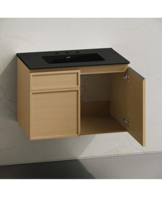 30" Wall-Mounted Bathroom Vanity, Natural Oak, Black 3-Hole Widespread Sink Top