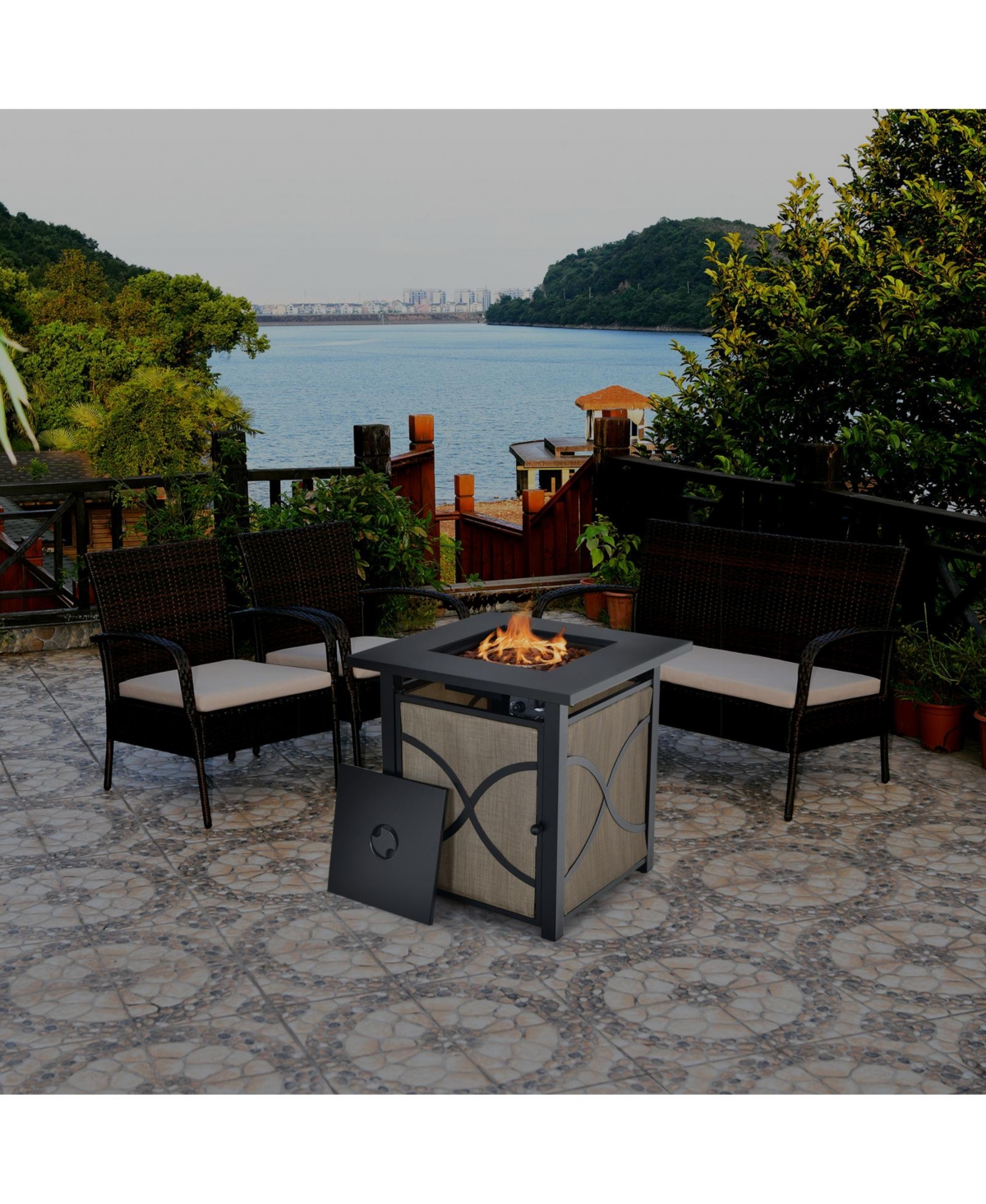 25 Inch 40000 Btu Propane Fire Pit Table with Lid and Fire Glass