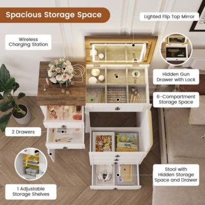 Vanity Desk with Mirror & Lights, Charging Station, Drawers & Chair