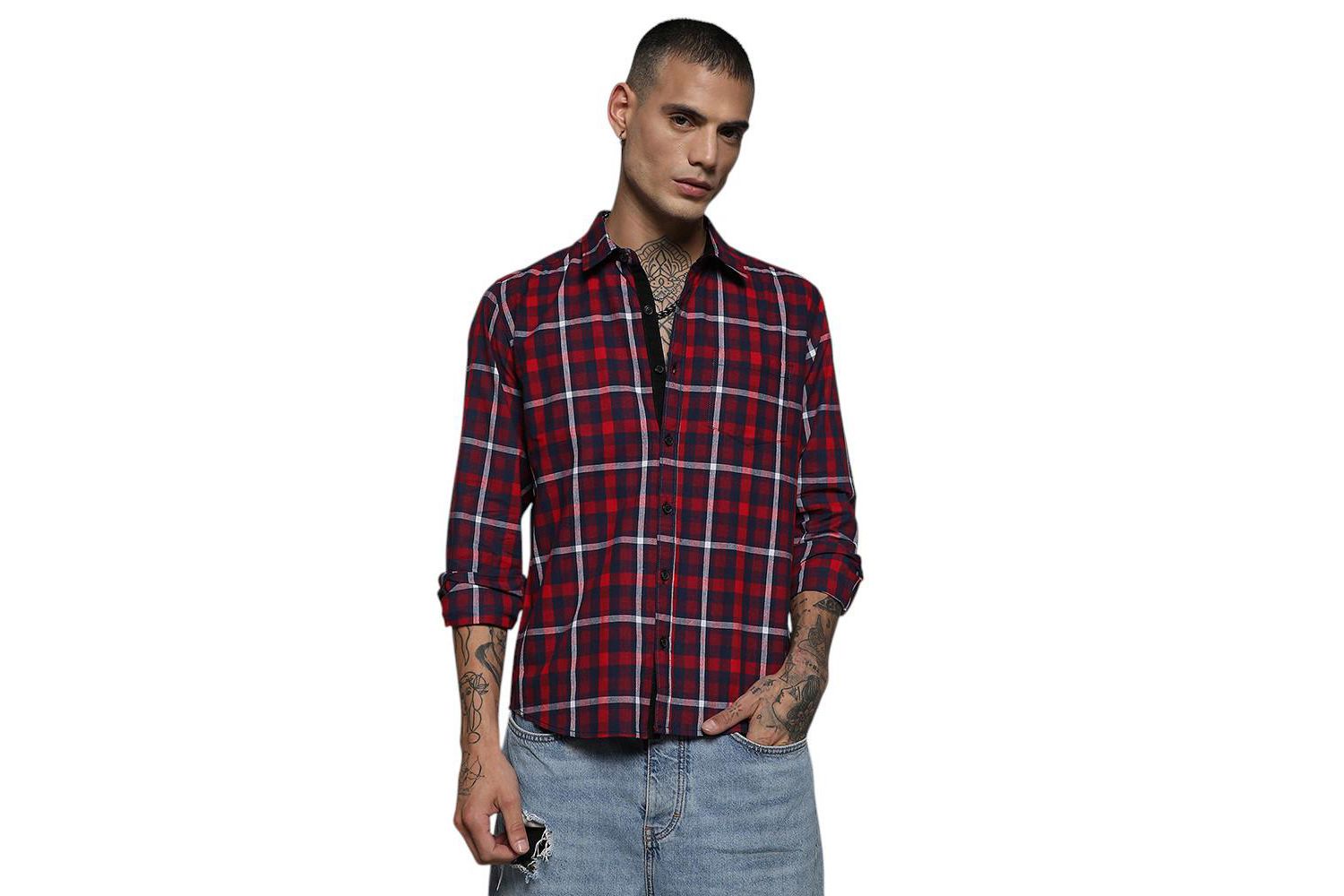 Men's Navy Blue & Red Tartan Plaid Shirt