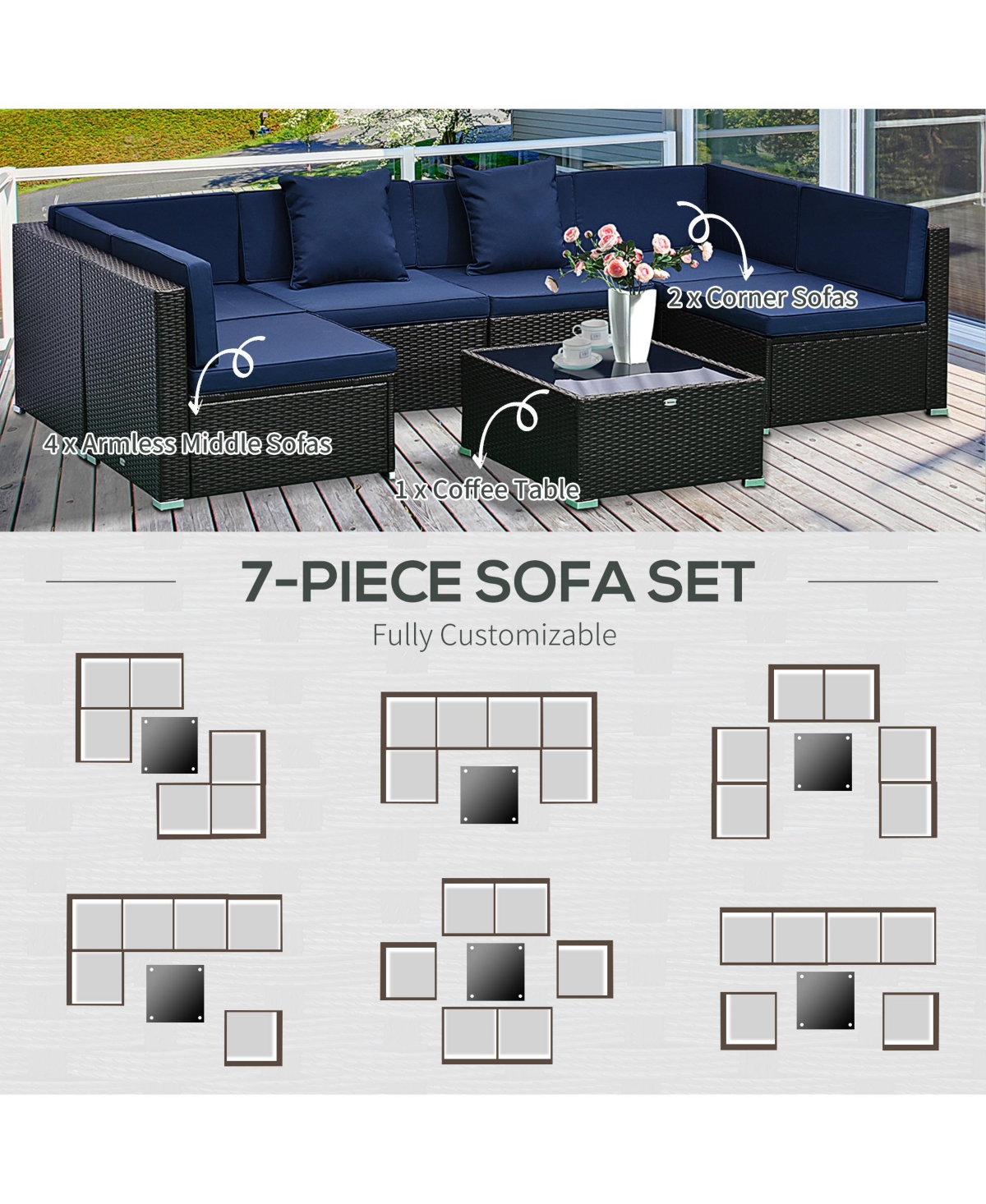 Outsunny 7pc Sectional Wicker Patio Furniture