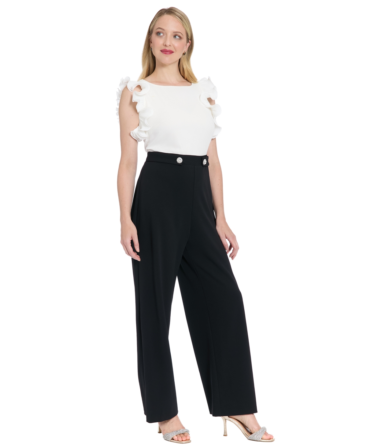 London Times Women's Pleated Ruffle Sleeve Mixed Media Jumpsuit