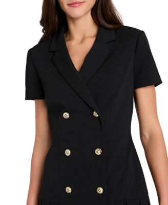 Women&#39;s Double Breasted Pleat Hem Short-Sleeve Coat Dress