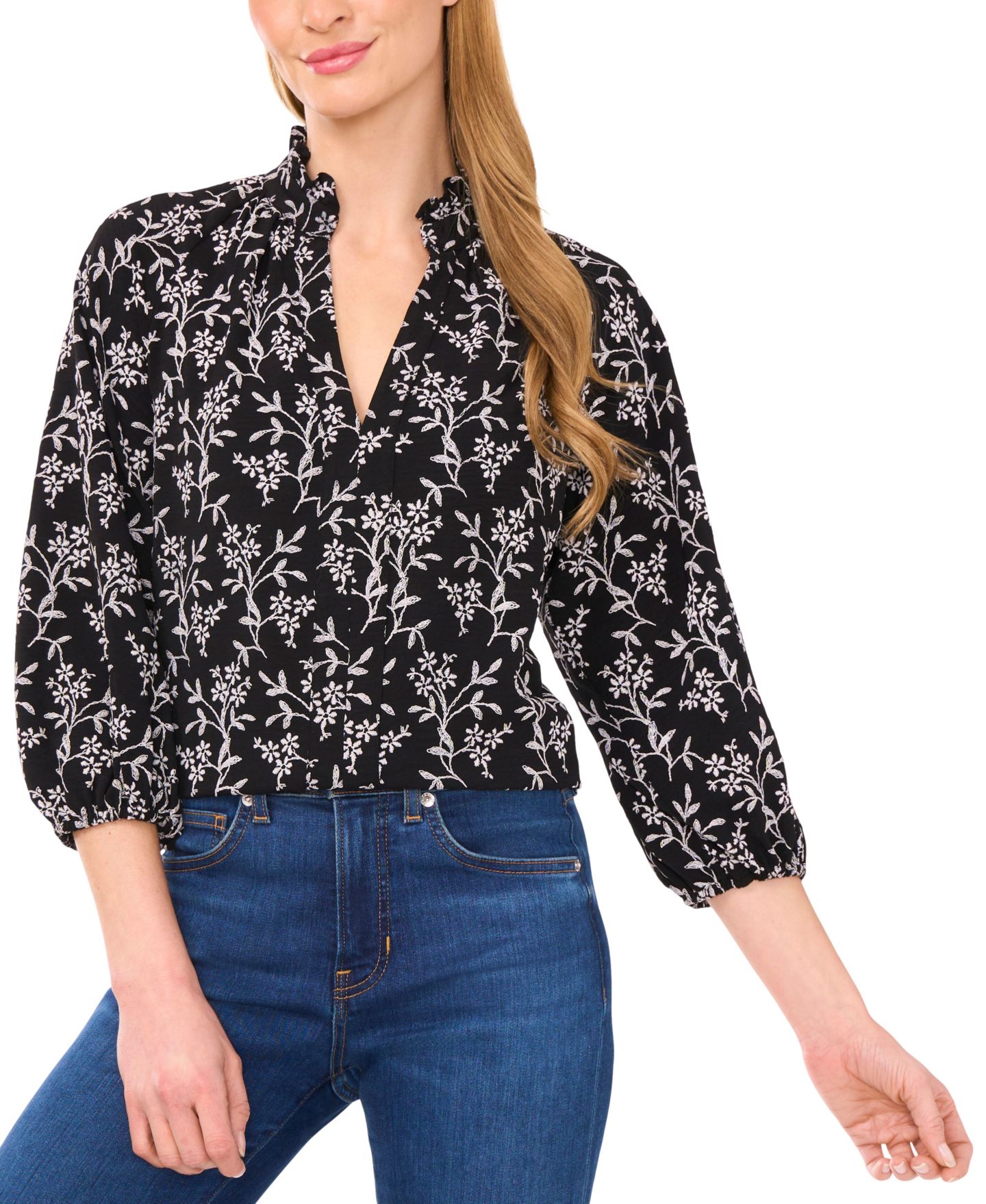 Женский топ CeCe Raglan 3/4-Sleeve Ruffle Neck, цвет: Насыщенный чёрный — фото 1
