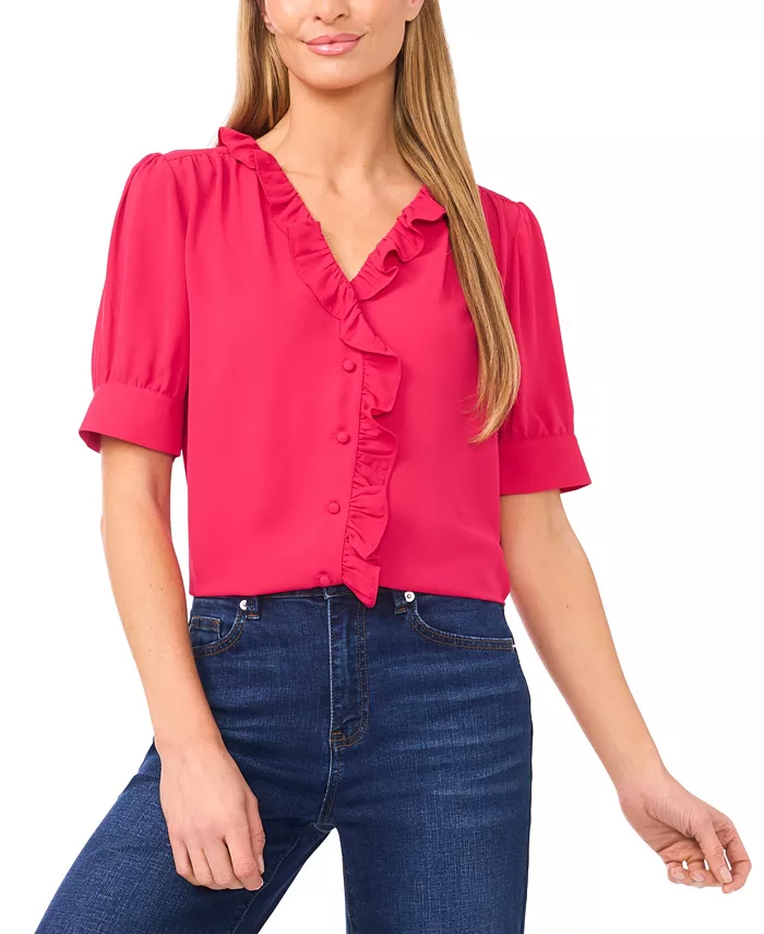 Women's Puff Short-Sleeve Button Down Ruffle Top