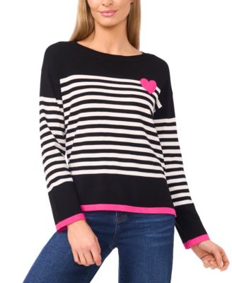 Women's Valentine's Crewneck Sailor Stripe Heart-Trim Long-Sleeve Sweater