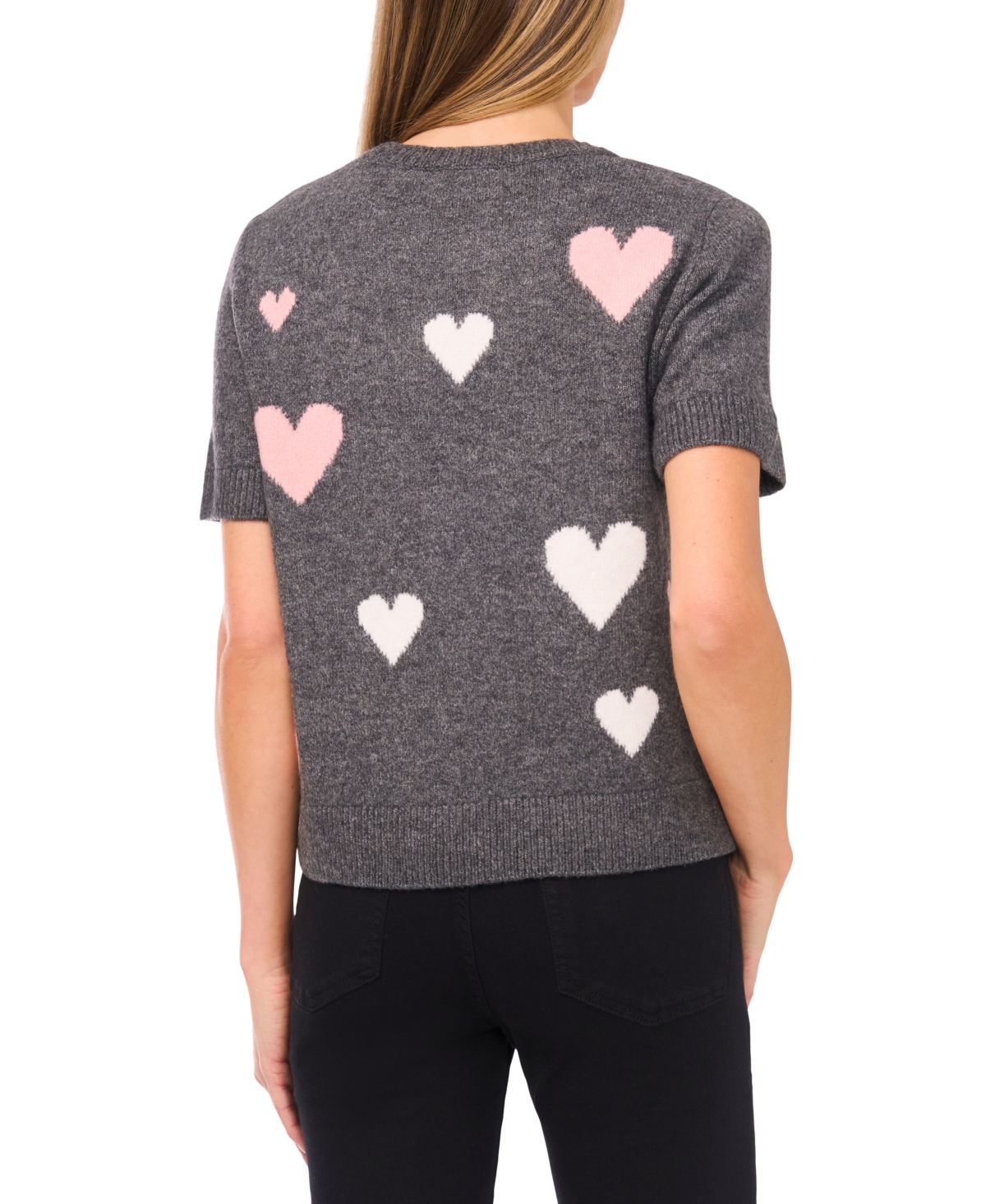 Cece All Over Heart Short Sleeve Sweater In Gray