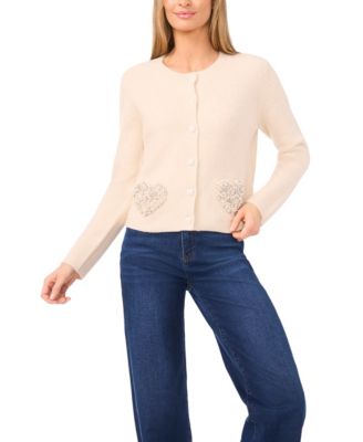 Women's Valentine's Crewneck Rhinestone Heart Pocket Cardigan Sweater