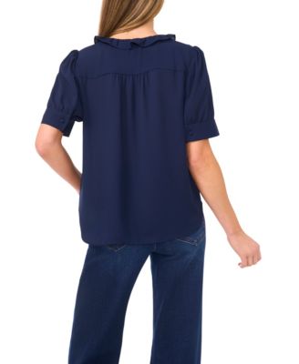 Women's Puff Short-Sleeve Button Down Ruffle Top