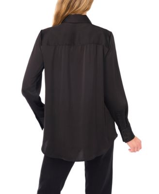 Women's Long-Sleeve Button Down Shirred Collared Top with Bow