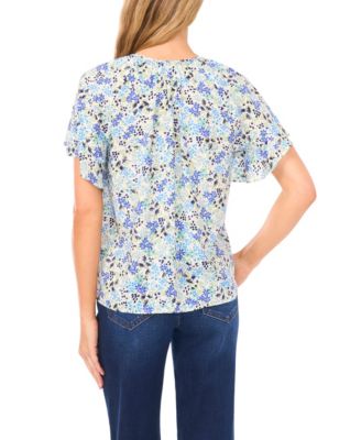 Women's Shirred Short-Sleeve Front Keyhole Top