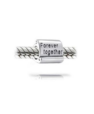 Set of 2 CZ Accent Loving Family Heart & Words Forever Together Charm Bead Wife Sterling Silver