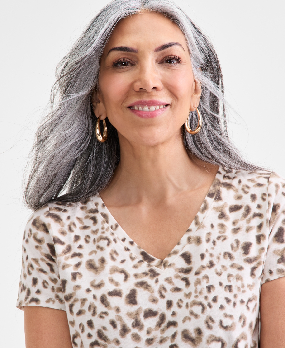 Style & Co Women's Printed Short-sleeve V-neck T-shirt, Macy's Exclusive In Neutral