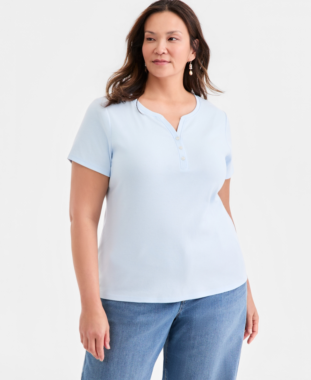 Style & Co Plus Size Short-Sleeve Henley Top, Exclusively at Macy's - Rain Song
