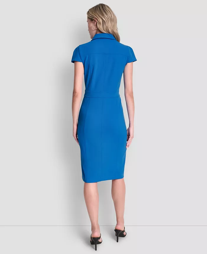 Women's Cap Sleeve Collared Neck Full Zip Midi Dress - thumbnail 5