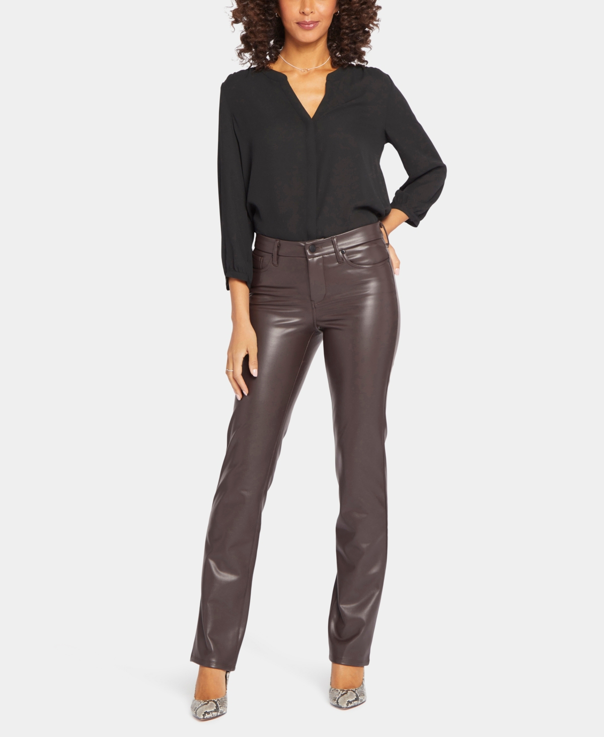 Nydj Marilyn Faux Leather Straight Leg Pants In Brown