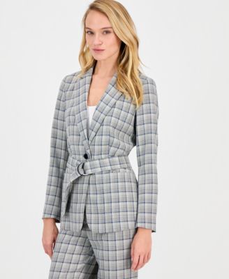 Anne Klein Womens Belted Notch Collar Long Sleeve Jacket Printed Mid Rise Pants In Gray