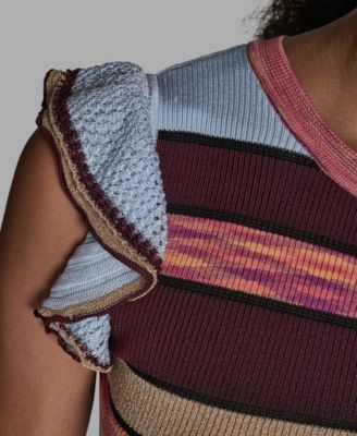 Women's Stripe Flutter-Sleeve Crewneck Sweater