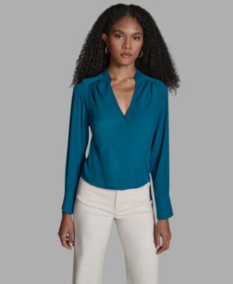 Women's Long-Sleeve Hi-Low Faux-Wrap Top