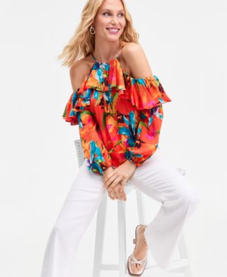 Women's Printed Ruffled Cold-Shoulder Top, Macy's Exclusive 