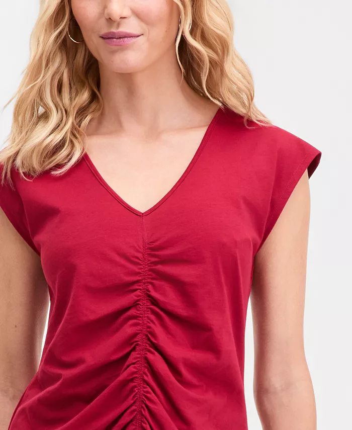 Women's Cap Sleeve Ruched Cotton V-Neck T-Shirt - thumbnail 3