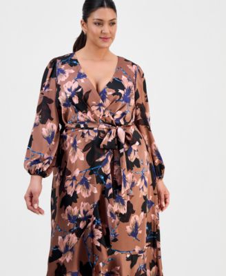 Plus Size Floral Print Faux-Wrap Midi Dress