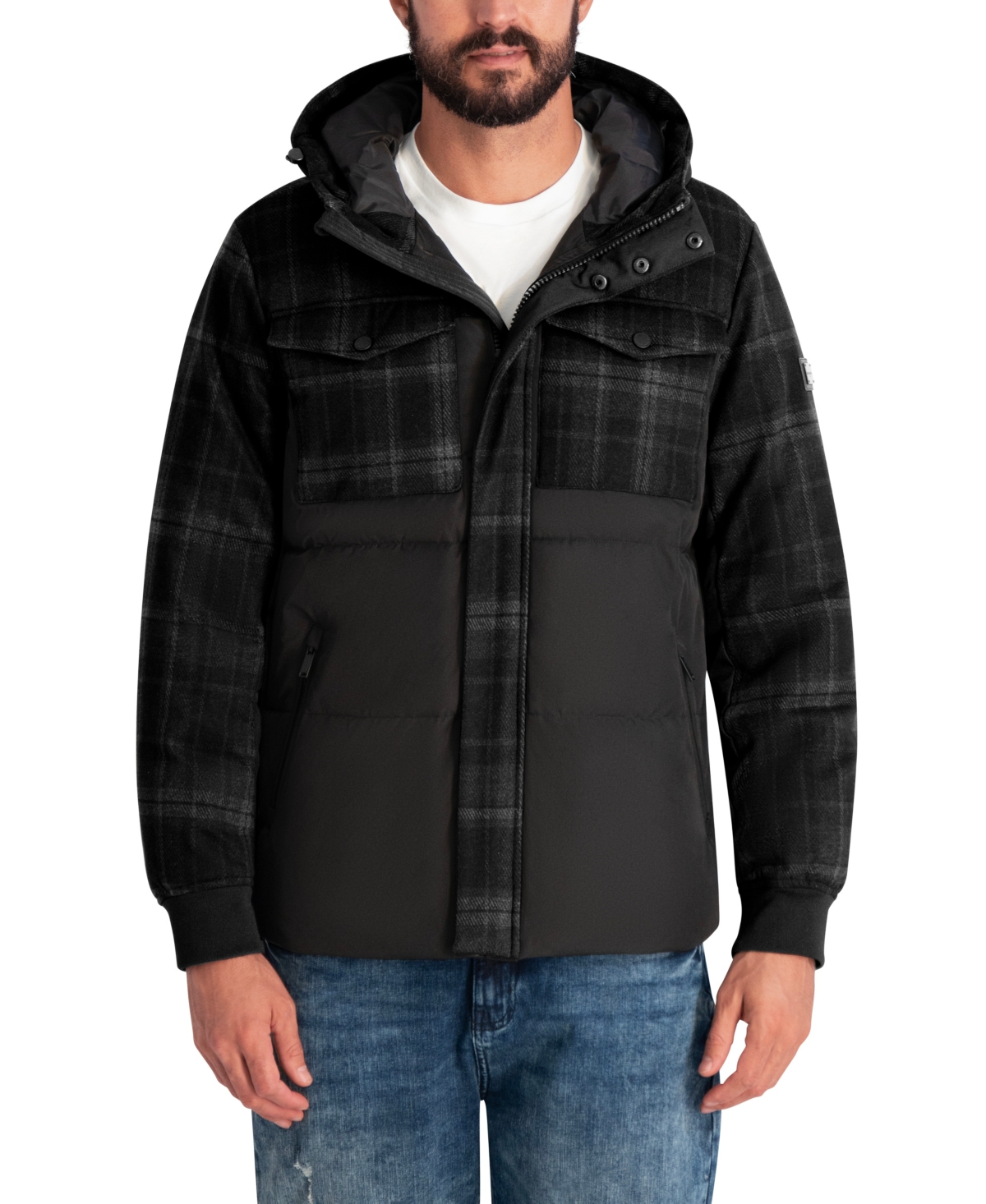 Karl Lagerfeld Paris Men's Mixed Media Hooded Puffer