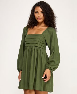 Women's Pleated Tie Back Long-Sleeve Baby Doll Dress