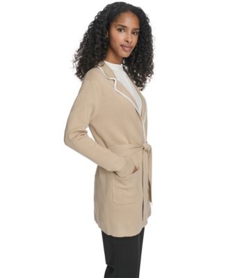 Women's Tie-Waist Contrast Collar Sweater