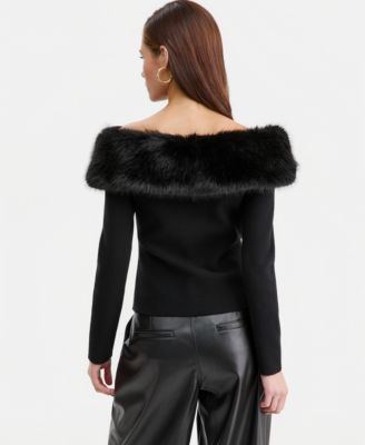 Women's Off-The-Shoulder Faux-Fur-Trim Top, Macy's Exclusive