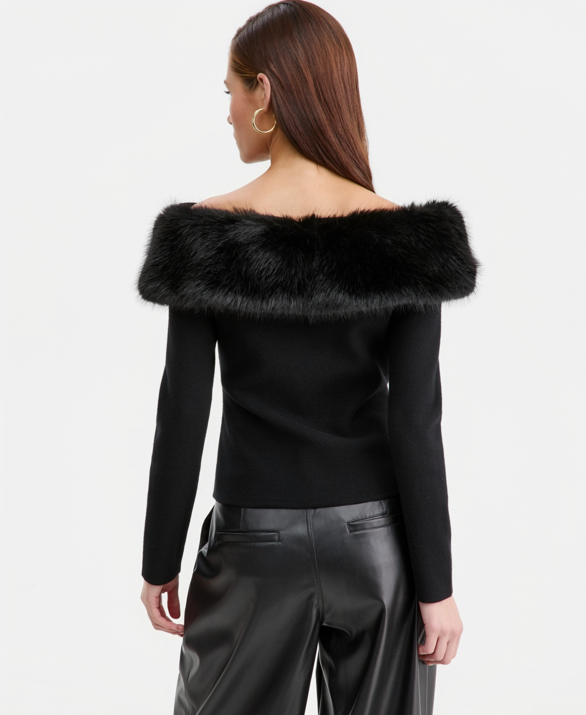 Bar Iii Women's Off-the-shoulder Faux-fur-trim Top, Macy's Exclusive In Black