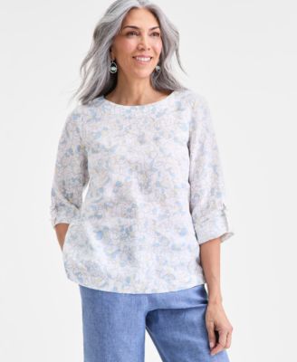 Charter Club - Women's Linen Sketched Floral 3/4-Sleeve Top