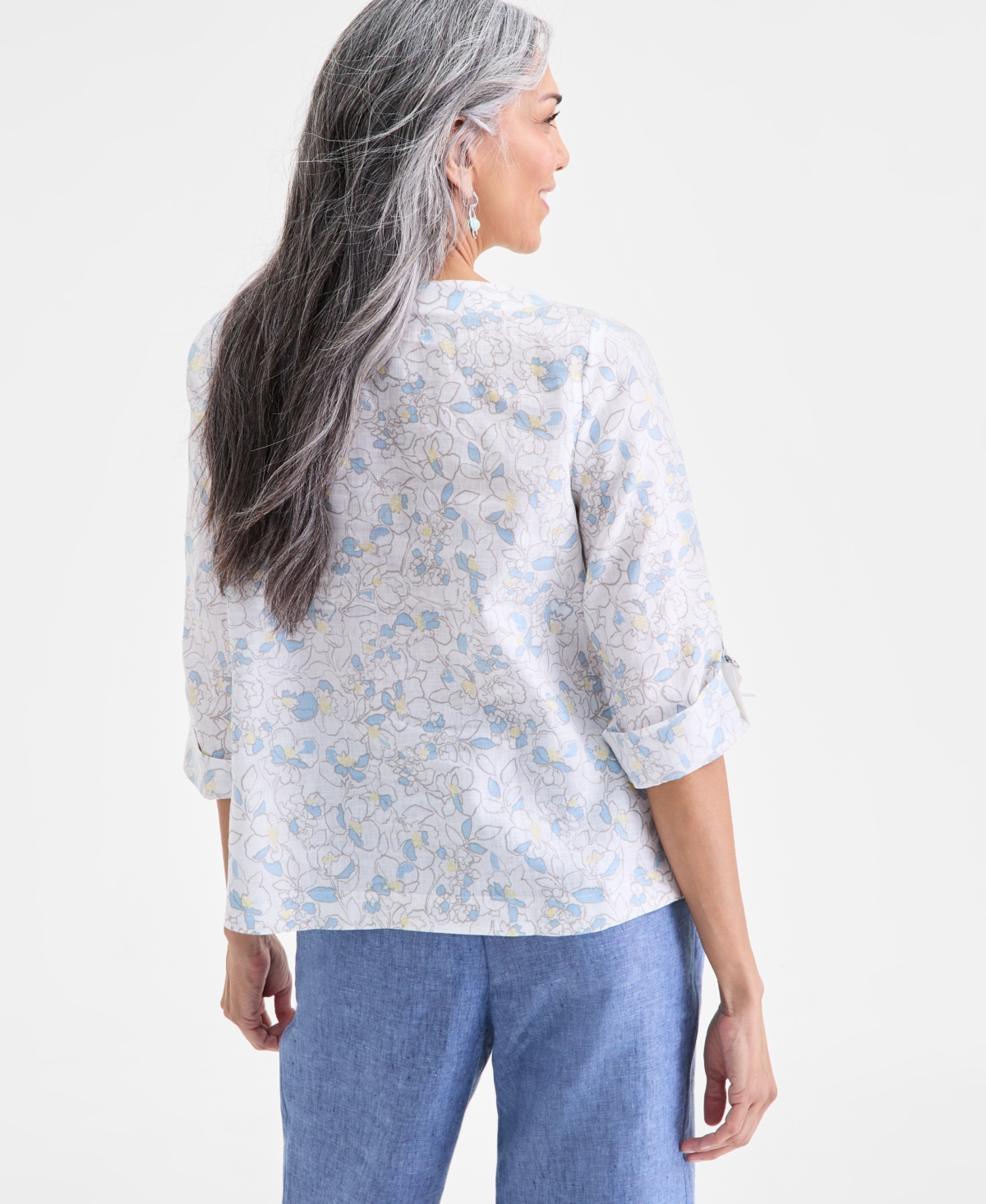 Charter Club Women's Linen Sketched Floral 3/4-Sleeve Top, Macy's Exclusive