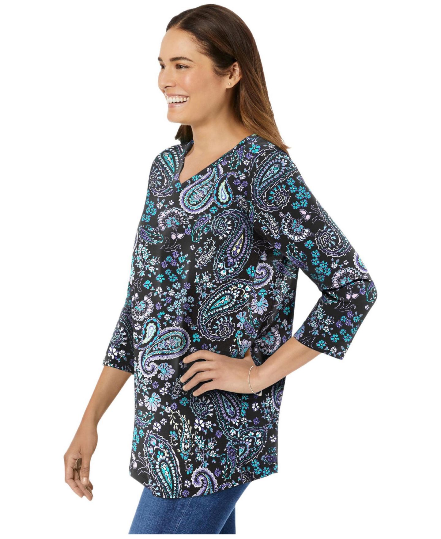 Женская футболка Woman Within Within Perfect Printed Three-Quarter Sleeve V-Neck, цвет: Чёрный — фото 3