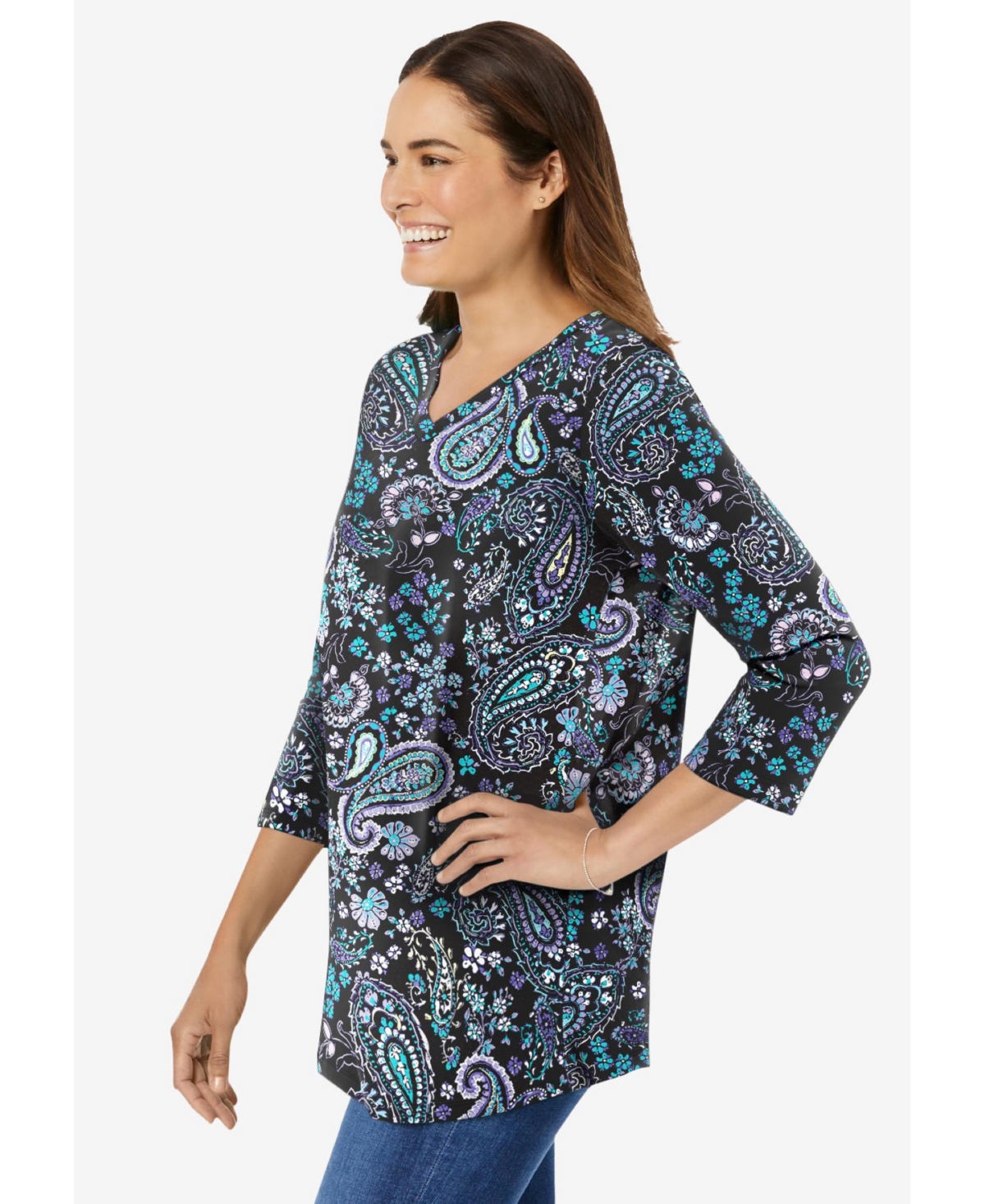 Woman Within Women's Perfect Printed Three-Quarter Sleeve V-Neck Tee