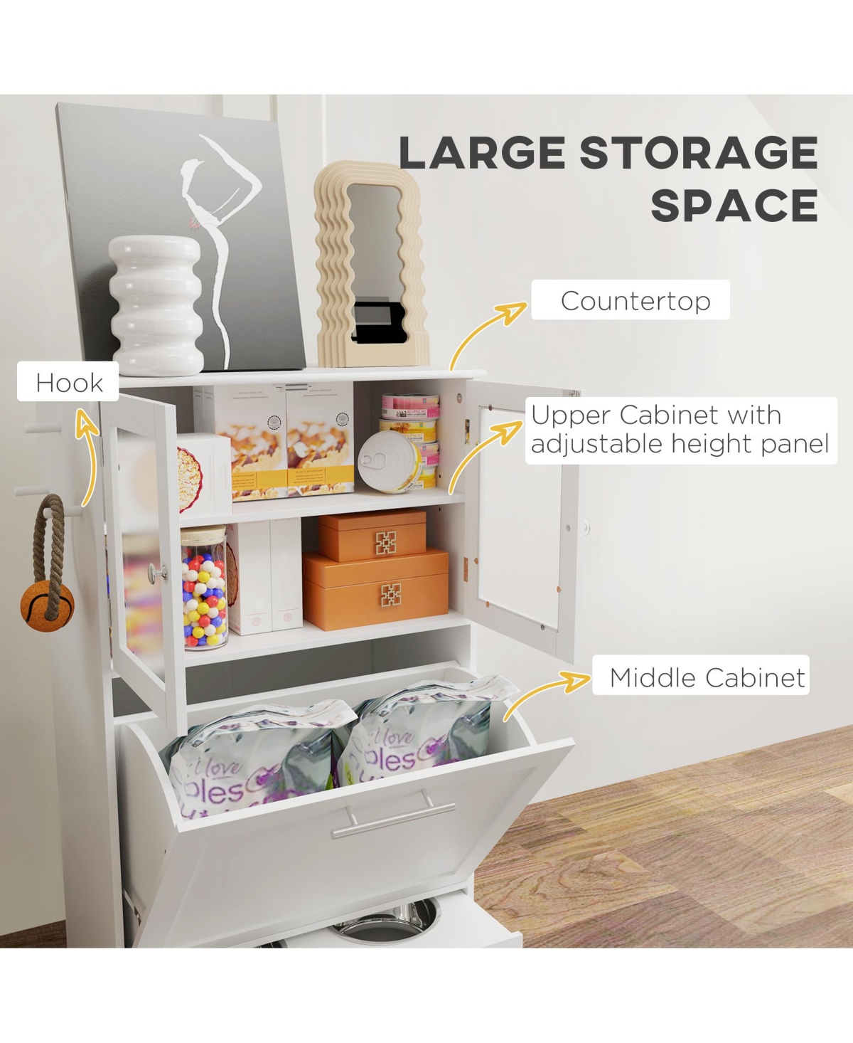 PawHut Dog Feeding Station w/ 2 Storage Cabinet, Side Hooks, Anti-tip Kit