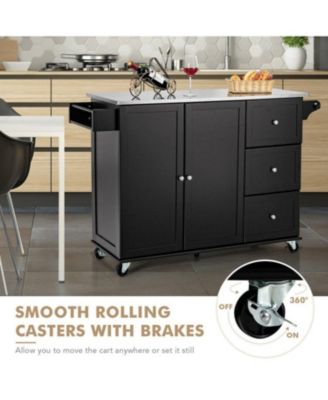 53" Stainless Steel Top 3 Drawers, Cabinet, Spice Rack, Towel Holder Mobile Kitchen Island