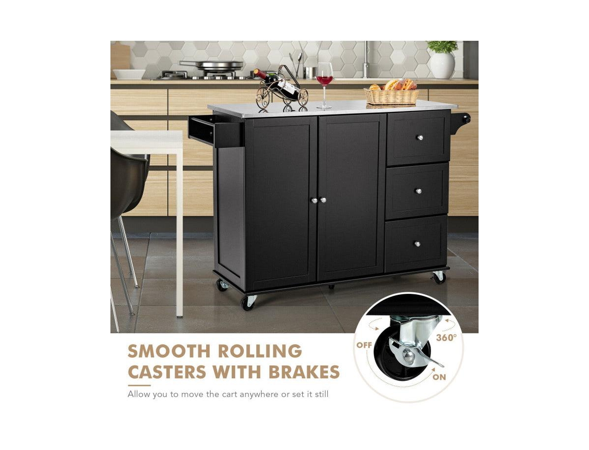 Kitchen Island 2-Door Storage Cabinet with Drawers and Stainless Steel Top