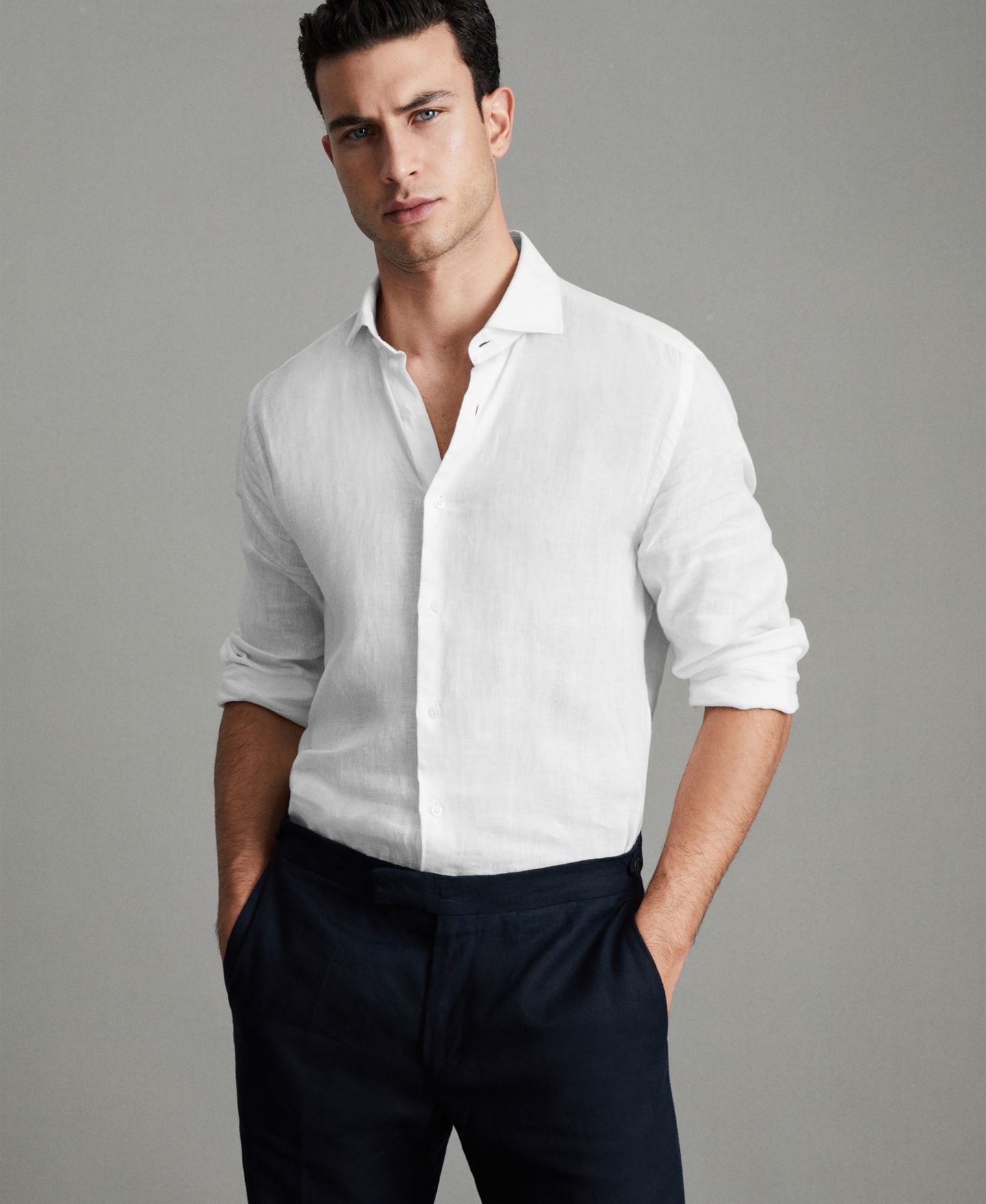Мужская рубашка REISS Ruban Linen Button-Through, цвет: Белый — фото 1