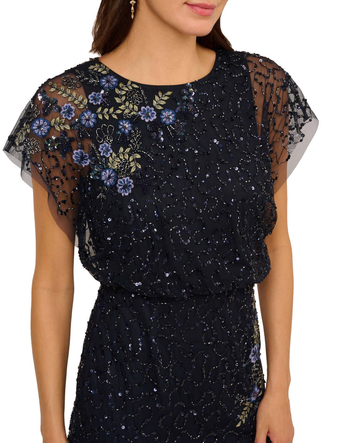 Adrianna Papell Women's Beaded Lace Blouson Boat Neck Dress