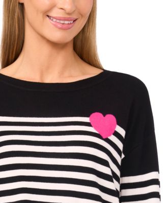 Women's Valentine's Crewneck Sailor Stripe Heart-Trim Long-Sleeve Sweater