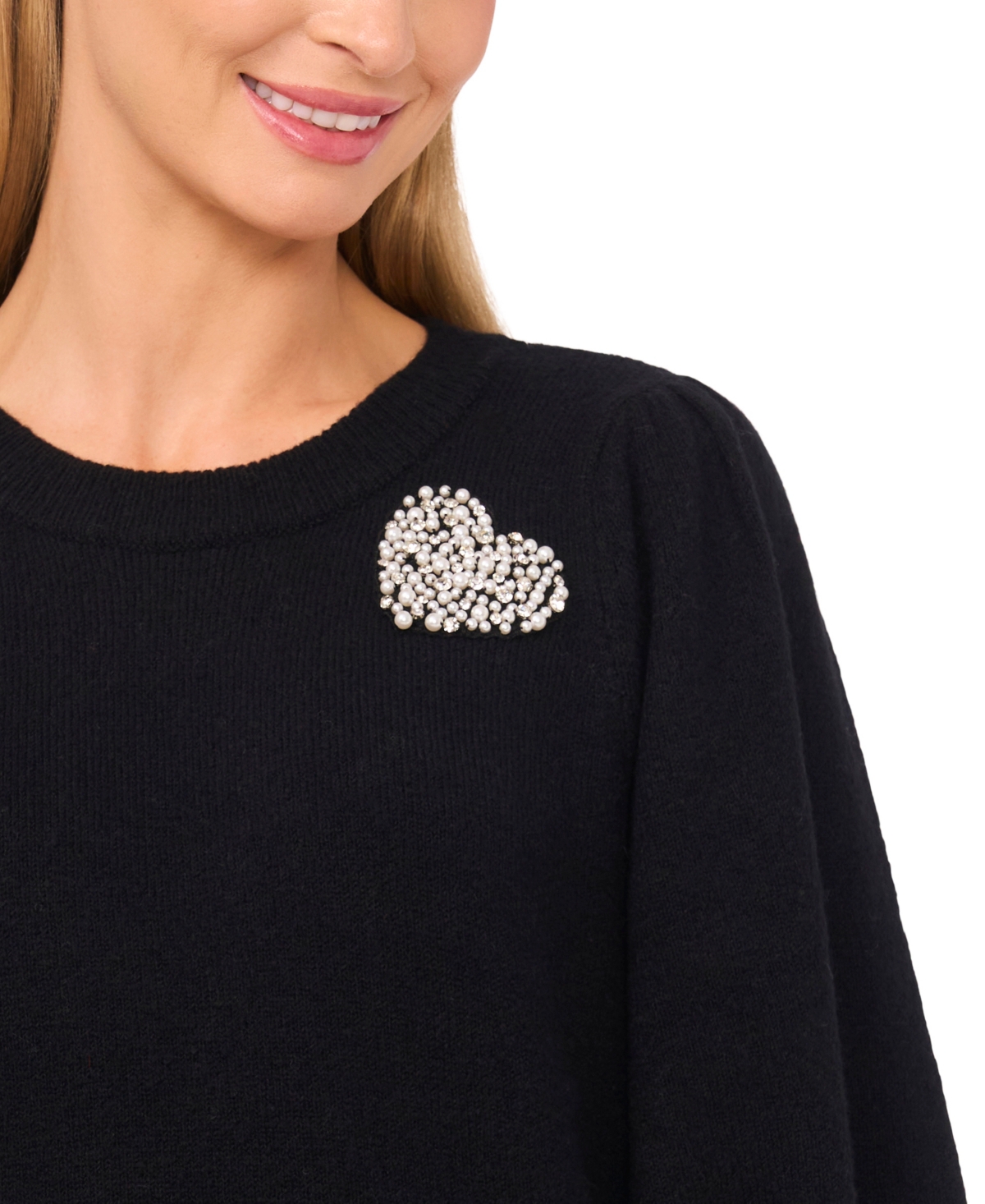 CeCe Women's Crewneck Heart Applique Sweater