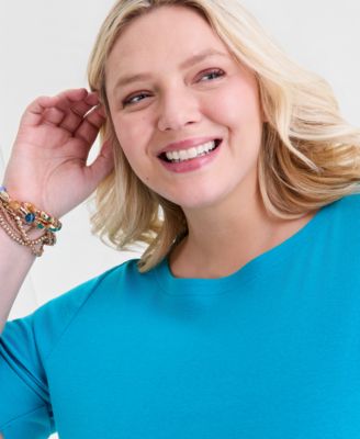 Plus Size Boat-Neck Elbow Sleeve Cotton Top