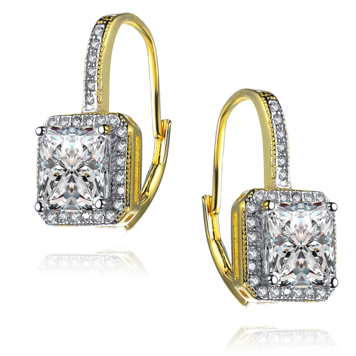 14K Gold Plated Cubic Zirconia Halo Leverback Earrings